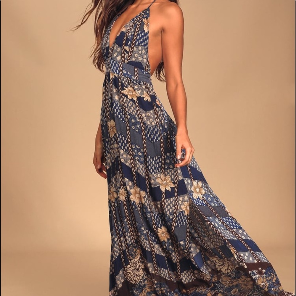 Annalisa Blue Multi Floral Print Halter Maxi Dress
